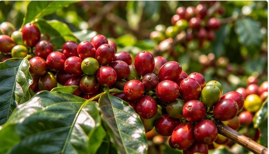 Coffee cherries growing in Côte d’Ivoire