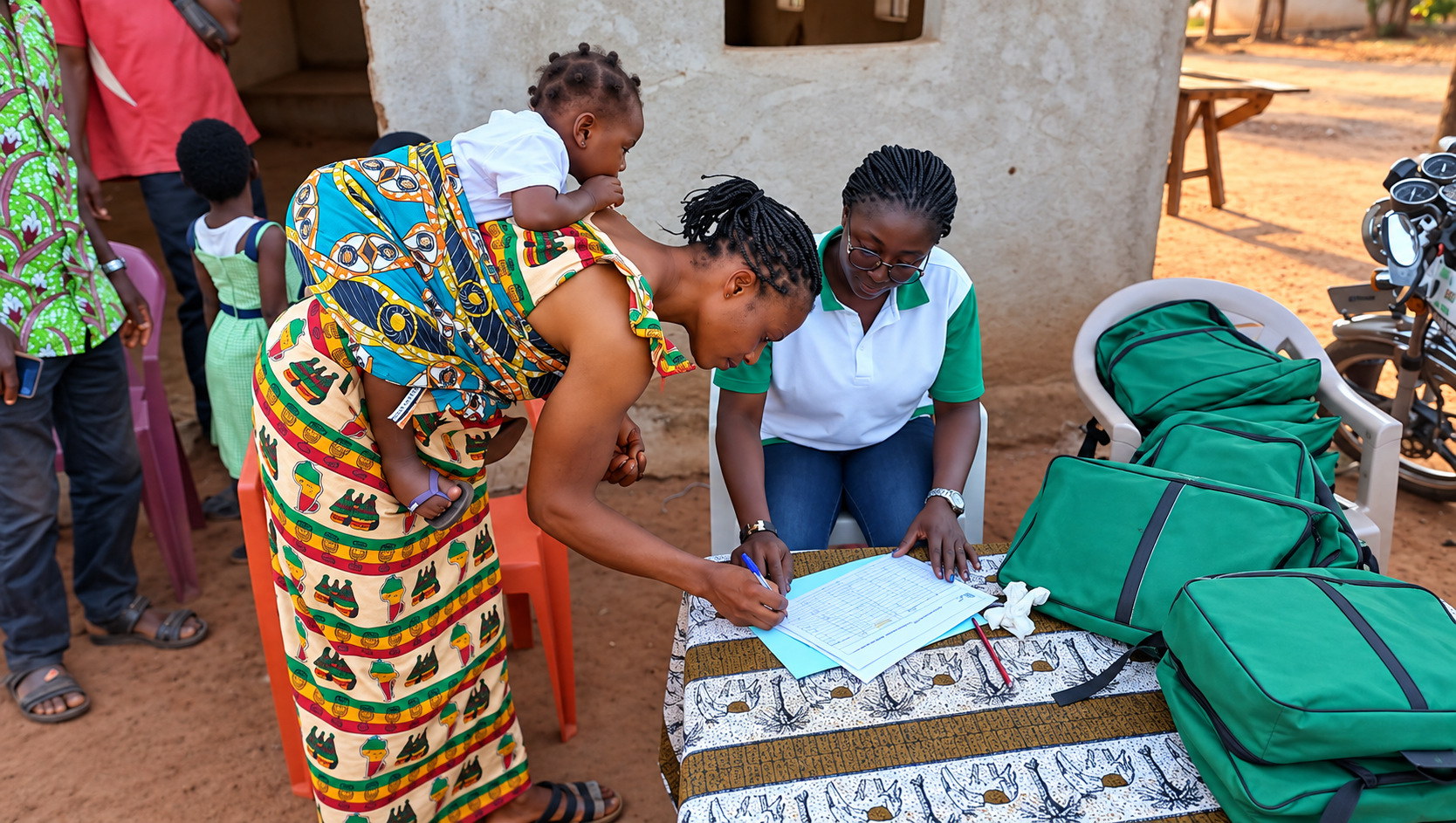 Community member completing program documentation with a local representative