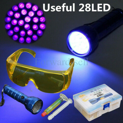 UV Fluid Gases Leak Detector Kit For Car A/C System Dye&Glasses&28 Led Light US